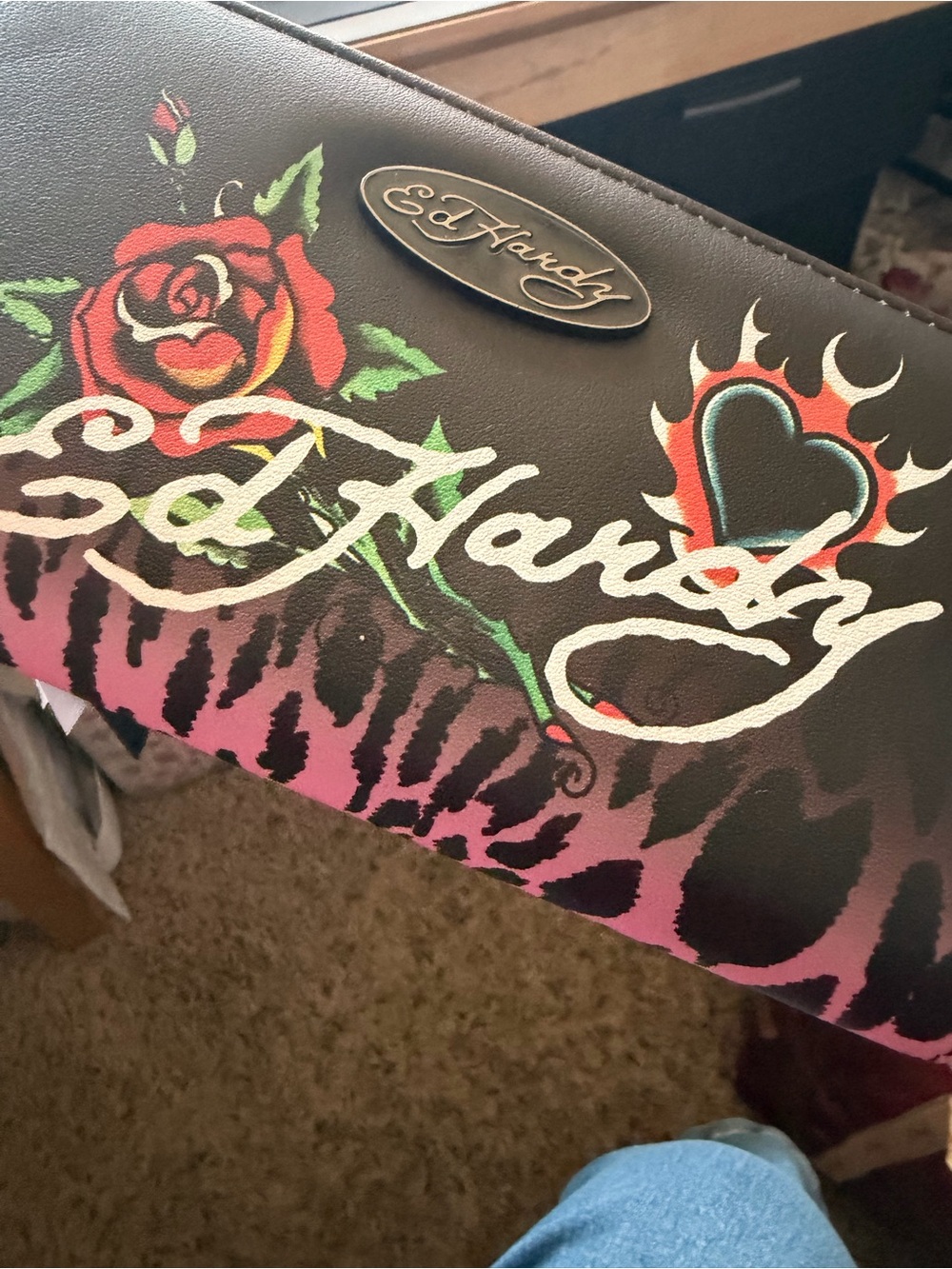 Ed Hardy Black Wallet with Pink Zebra & Tattoo Art